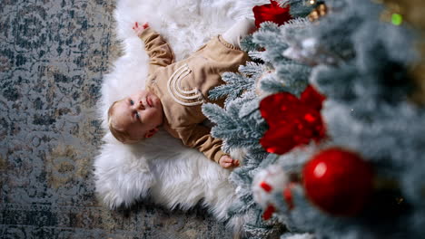 peaceful little baby in beige sweater lies under the christmas tree. calm kid looks up with interest. top view.