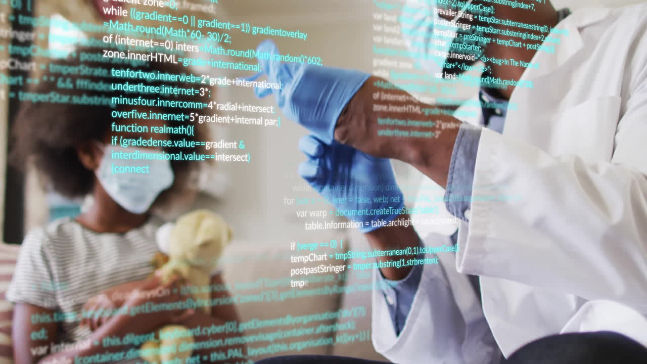 Animation of data processing over biracial male doctor with young patient