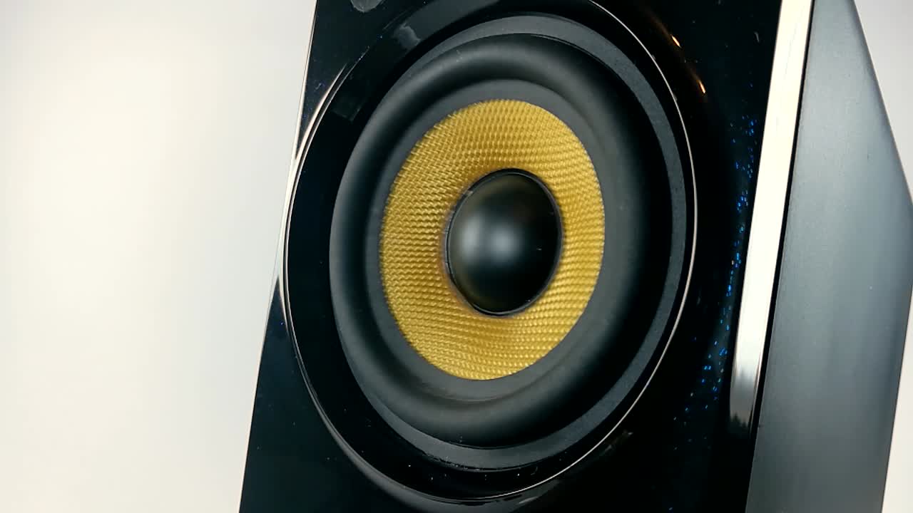 una membrana vibrante en un altavoz de audio negro y dorado aislado de alto rendimiento, parte 1, todavía