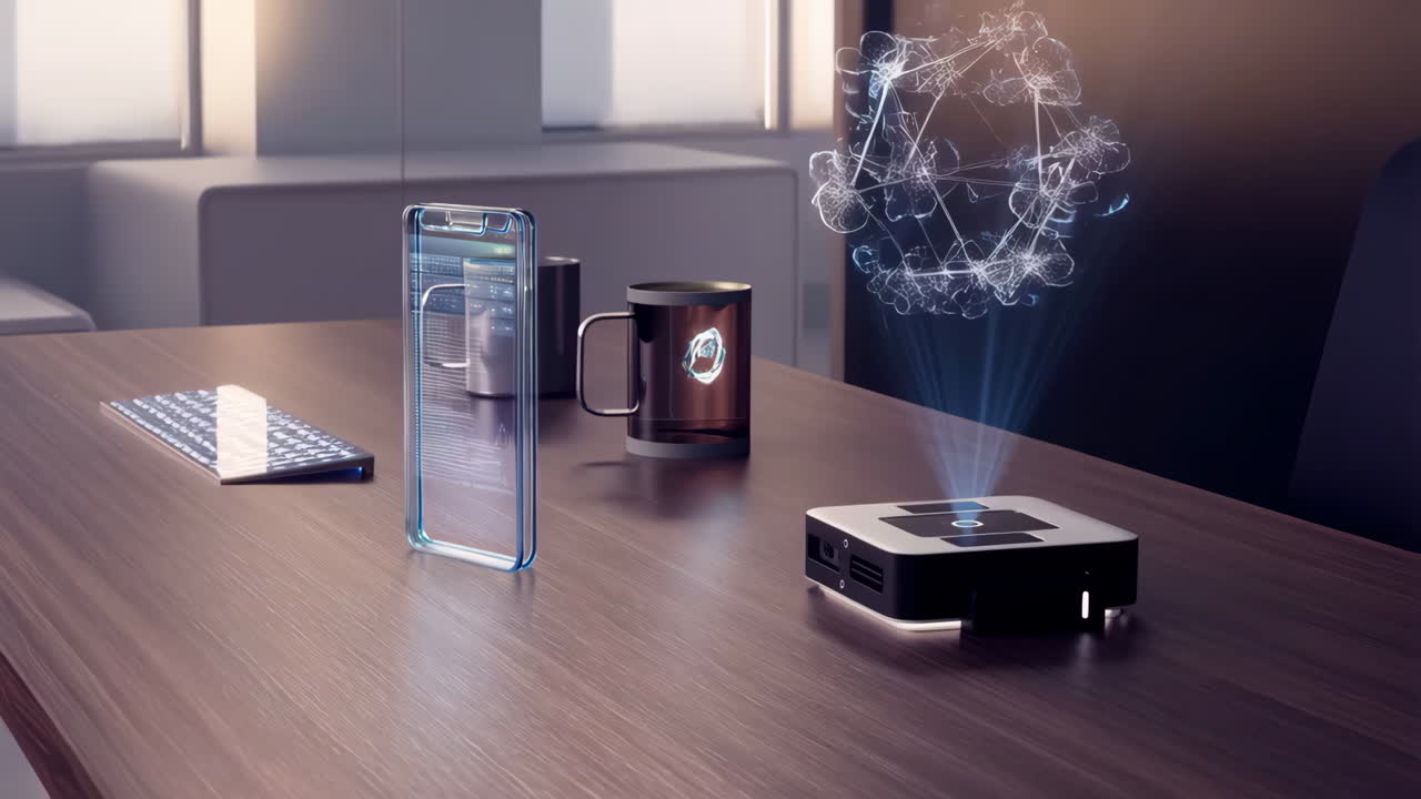 Futuristic Office Desk with Holographic Projection and Transparent Tech Devices