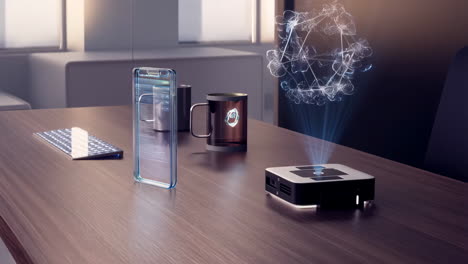futuristic office desk with holographic projection and transparent tech devices