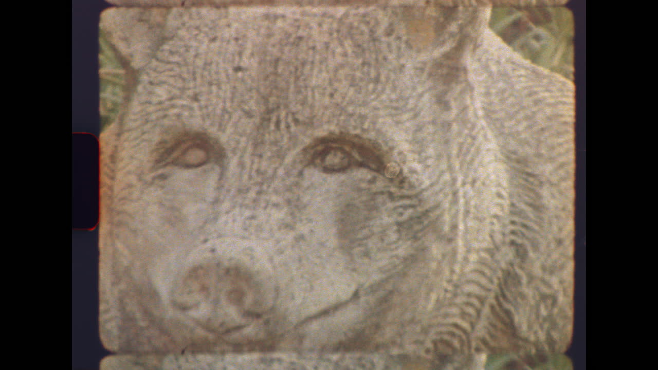 Wooden sculpture of a wild boar in retro film style