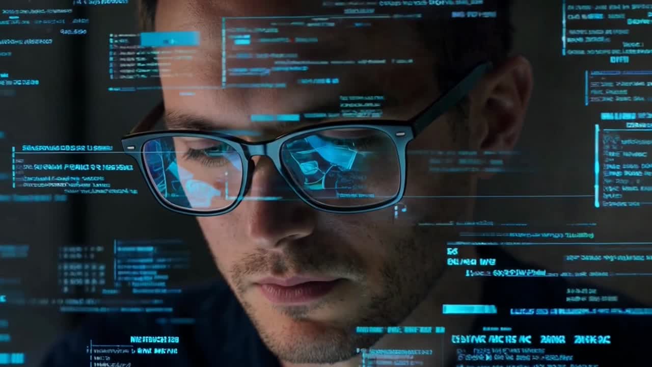 Focused Programmer Working with Complex Code on Reflective Screen