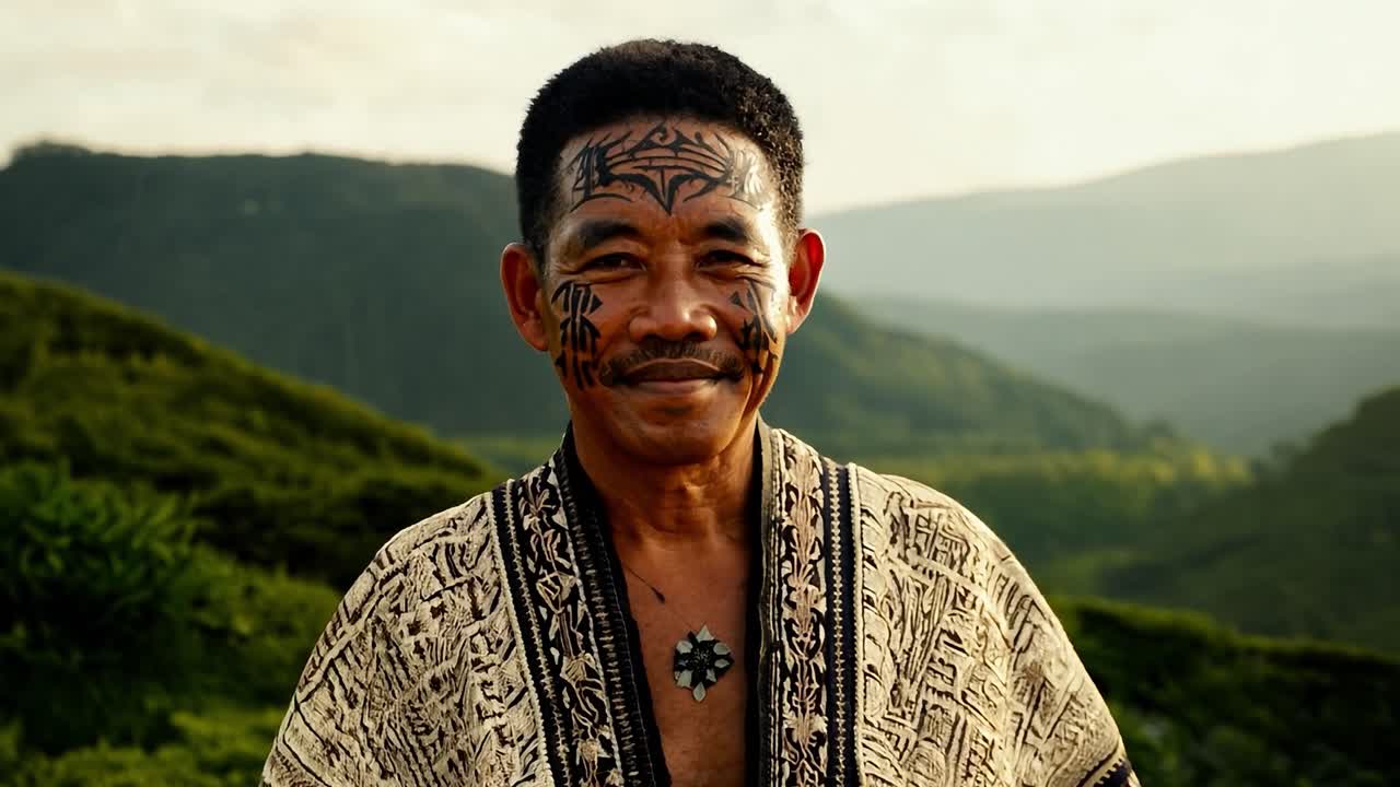 얼굴 에 전통적 인 부족 문신 을 가진 미소 짓는 남자 의 초상화