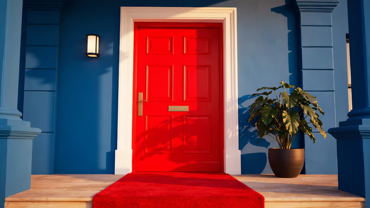 Bright red door welcomes guests to home. A vibrant red door stands against a blue wall, inviting visitors with a plush red mat and a decorative plant beside it