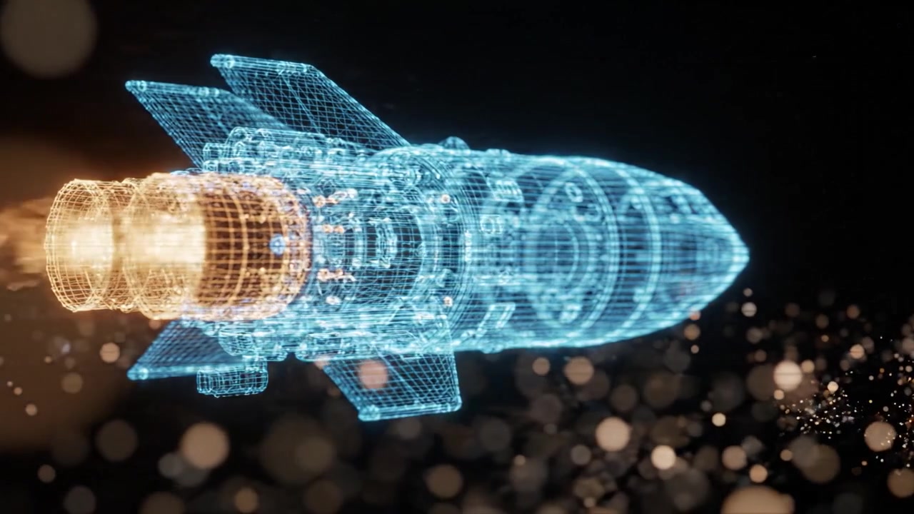 Futuristic Rocket Powering Through Space: A Stunning Visualization of Advanced Rocket Technology in a Digital Universe with Sparkling Background Elements