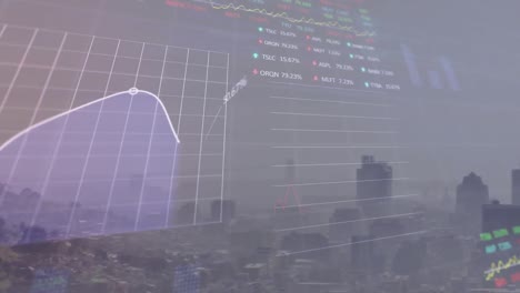 Animación-Del-Procesamiento-De-Datos-Estadísticos-Y-Bursátiles-Frente-A-La-Vista-Aérea-Del-Paisaje-Urbano