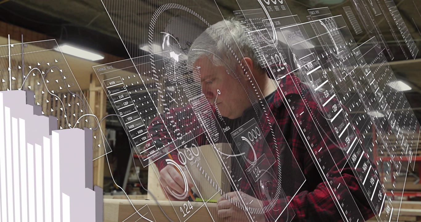 Mature woodworker aligning speed square on panel and drawing cut lines while GUI tracking metrics