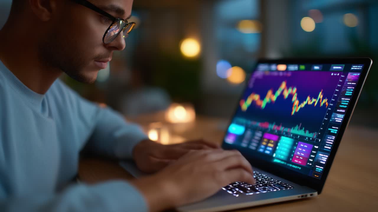Focused user analyzing stock market trends on a laptop screen, observing colorful graphs and data metrics while strategically navigating financial analytics in a dimly lit workspace environment