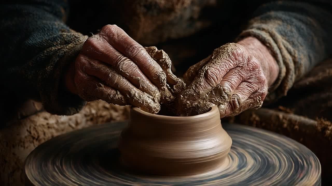 Crafting a Beautiful Piece of Pottery: A Skilled Artisan's Hands Mold Clay into an Elegant Bowl on a Spinning Wheel in a Rustic Workshop Setting