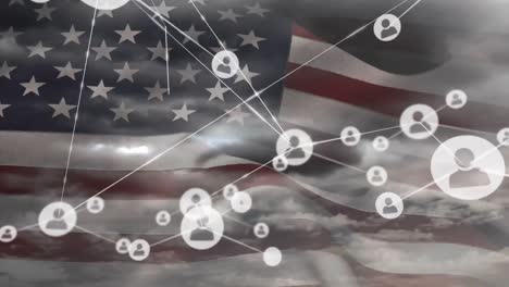 animation of network of connections of icons with people over usa flag and clouds