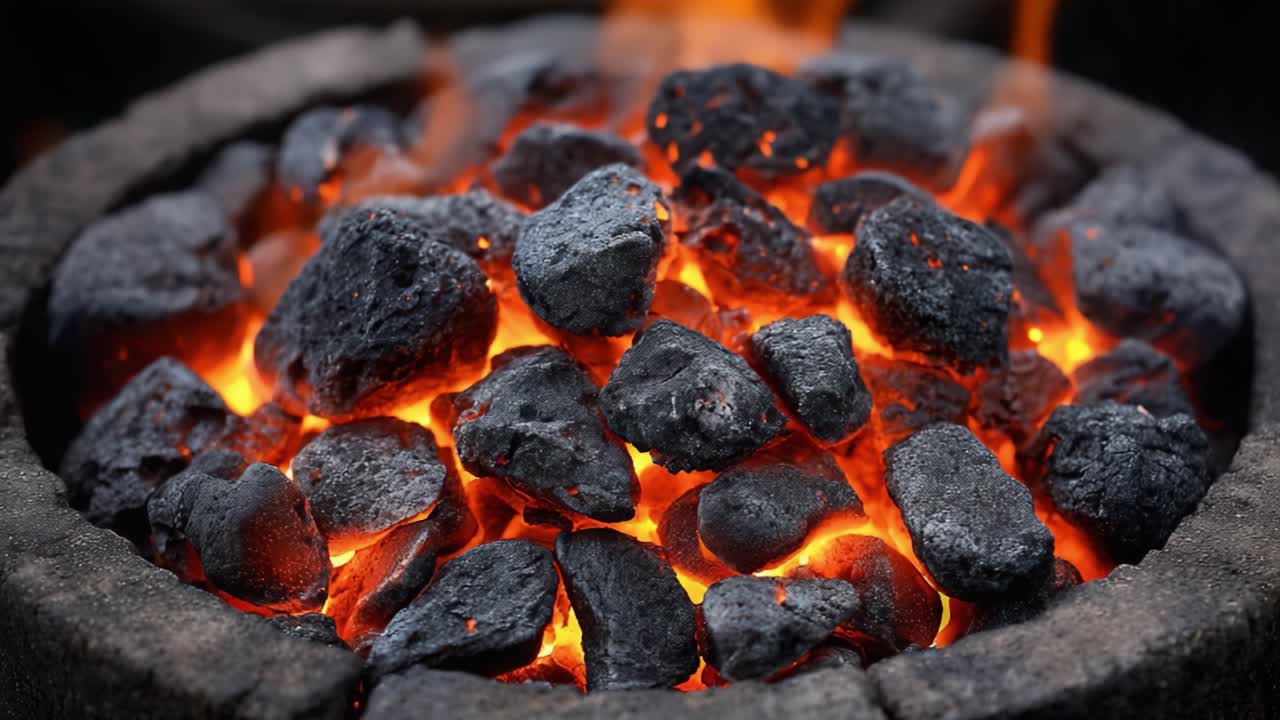 Una vista ravvicinata di braci di carbone incandescenti in un braciere rustico, che cattura l'intensità e il calore delle fiamme per un'atmosfera accogliente e invitante