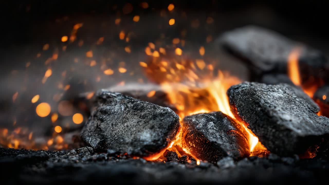 Captivating Flames: A Close-Up of Glowing Coals and Sparkling Embers Igniting with Intensity on a Dark Background, Creating an Enigmatic Atmosphere
