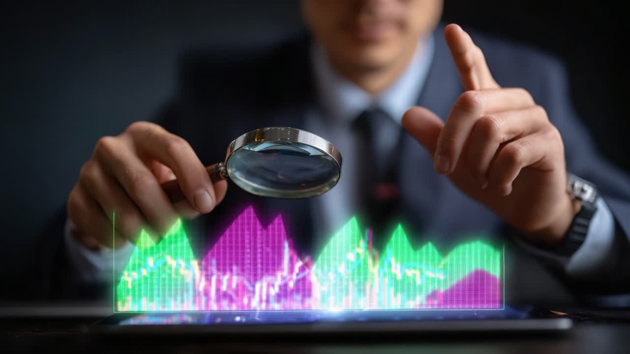 Analyzing Data Trends: A Business Professional Utilizing a Magnifying Glass to Examine Digital Graphs and Stock Market Fluctuations with Bold Visualizations