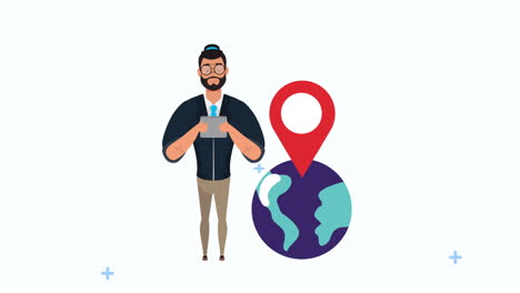 young businessman with world planet and pin location