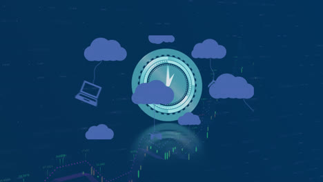 animation of clouds with icons over graph and moving clock