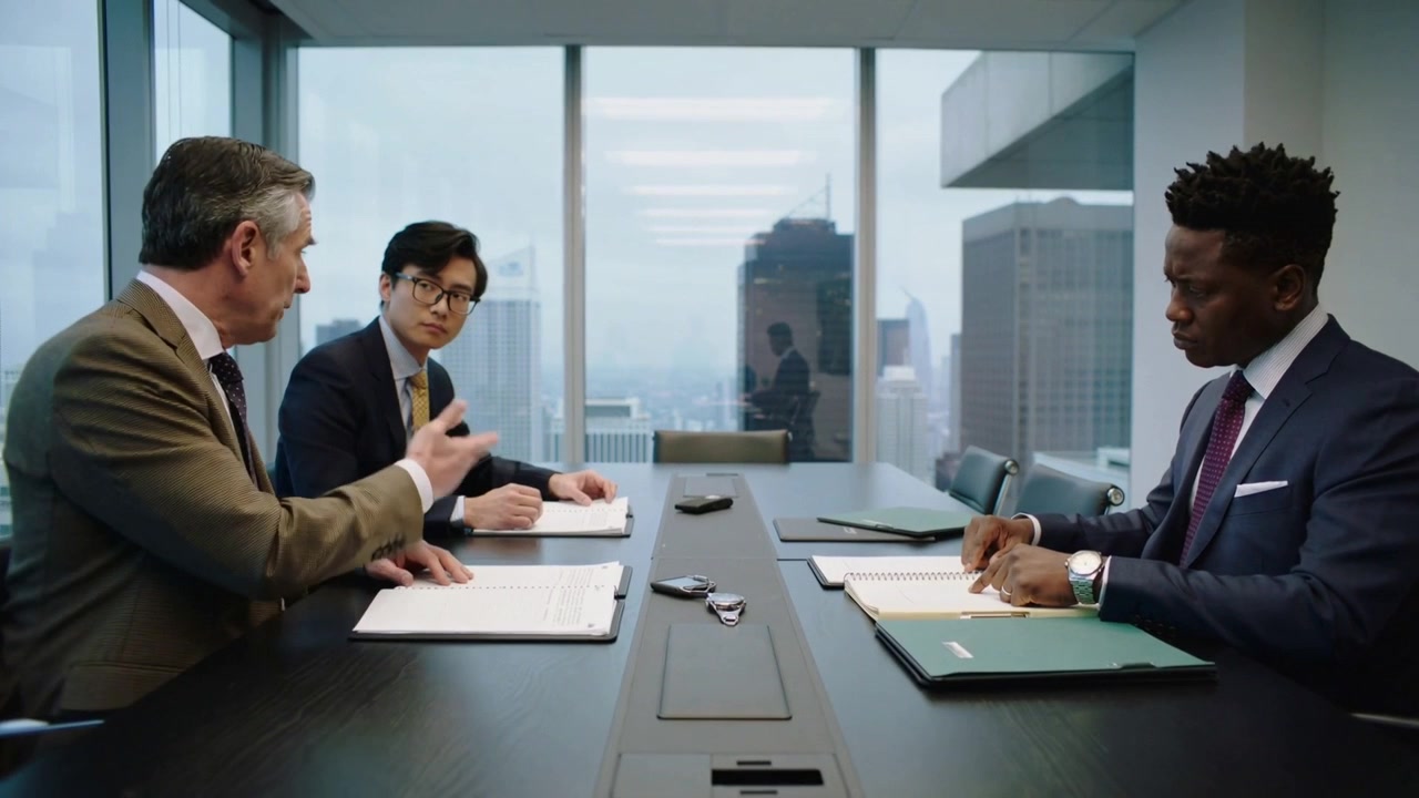 高層階の役員会議室で、スーツを着た人々がバインダーを左から中央へめくり書類を確認し、右手で書き込んでいる様子。