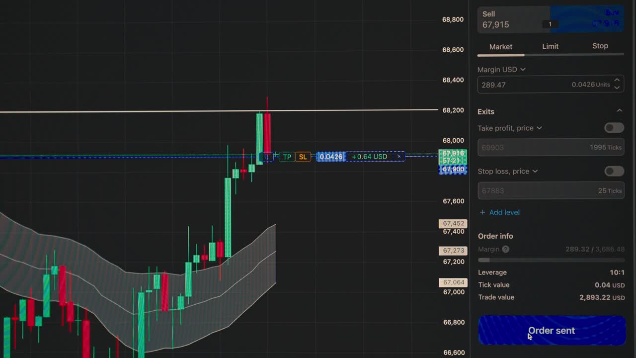 Primo piano del grafico del prezzo di Bitcoin su un grande schermo digitale mentre viene piazzato un ordine di scambio