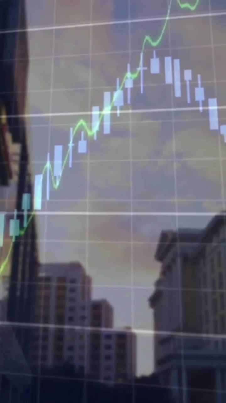 Animación del procesamiento de datos financieros sobre paisaje urbano