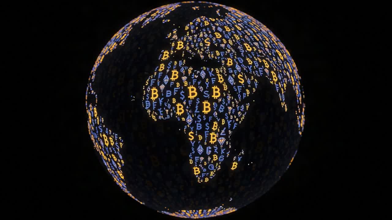 A Glowing Representation of Cryptocurrency on a Digital Globe: An Artistic Visualization of Bitcoin and Financial Symbols Spread Across Continents