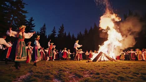 folk dance celebration around bonfire at night
