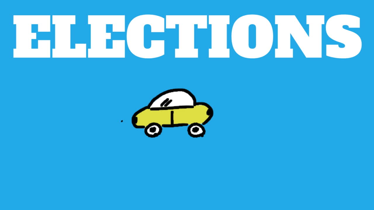 파란색 배경에 있는 자동차 아이콘 위의 선거 텍스트의 애니메이션.