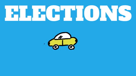 animación del texto de las elecciones sobre el icono del coche sobre fondo azul.