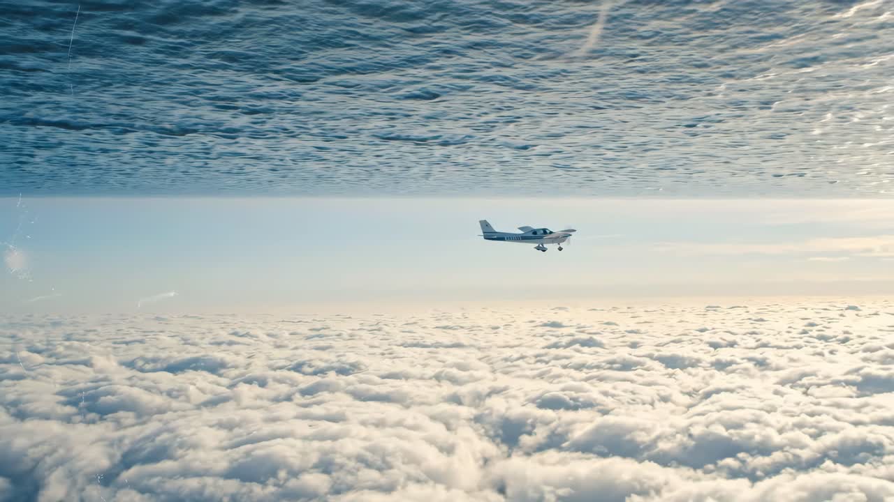 Lille fly flyver over et hav af hvide skyer