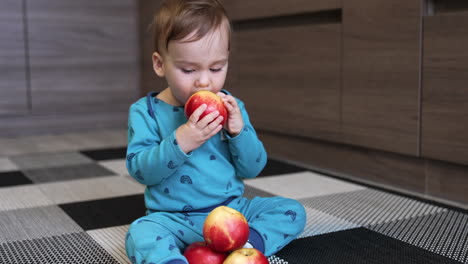 little caucasian toddler taking an apple to his mouth. baby boy in blue shirt bites fruit and reaches next one. close up. blurred backdrop.