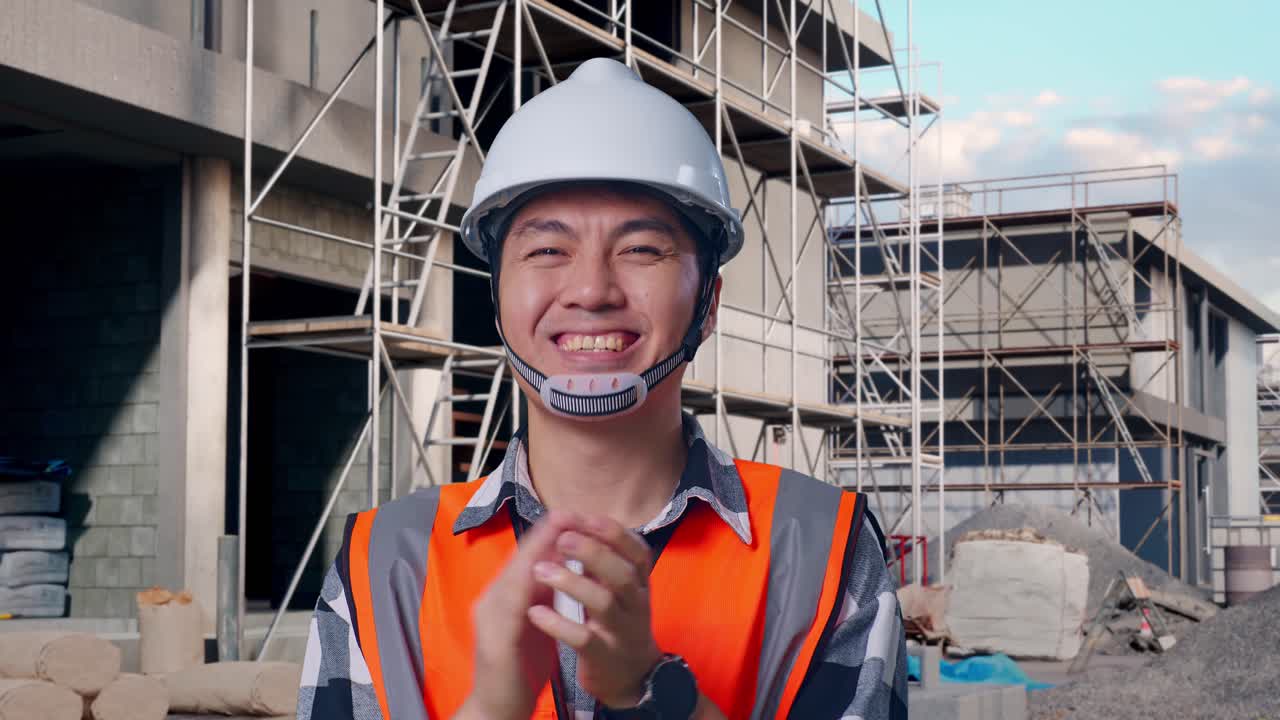 Close Up Of Asian Male Engineer With Safety Helmet Smiling And Clapping His Hands While Standing At Building & Construction Site in Progress to New House