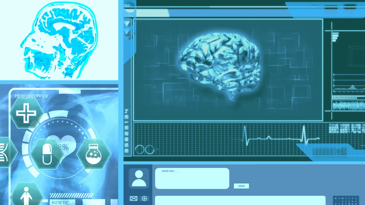 Animation of spinning 3D human brain model cardiogram and digital icons