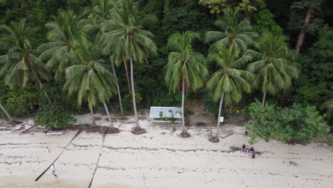 Toma-De-Drones-De-La-Pintoresca-Playa-De-Arena-Blanca-De-La-Cala-Pasadigan-Rodeada-Por-La-Selva-Tropical-De-La-Isla-Cadlao,-Turistas-Disfrutando-En-La-Playa,-Filipinas