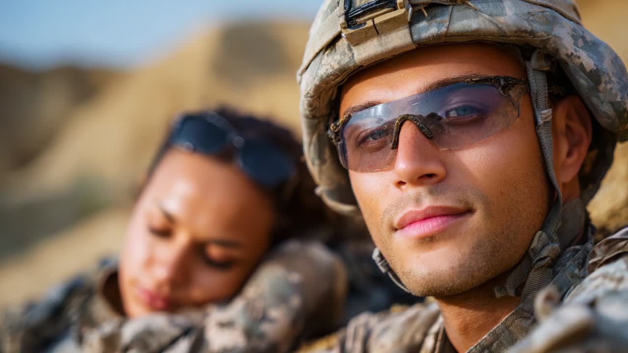 A soldier poses confidently in a rugged outdoor environment, showcasing resilience and camaraderie while a fellow soldier rests nearby, embodying the spirit of teamwork and shared experiences