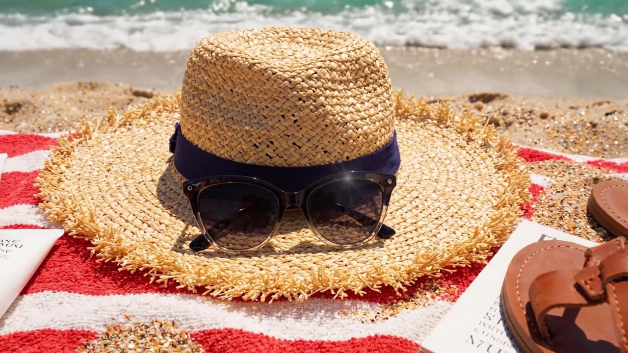 Een ontspannende strandvakantie: Genieten van de zon met een stijlvolle strohoed, zonnebril en benodigdheden voor een perfecte zomerdag aan de kust.