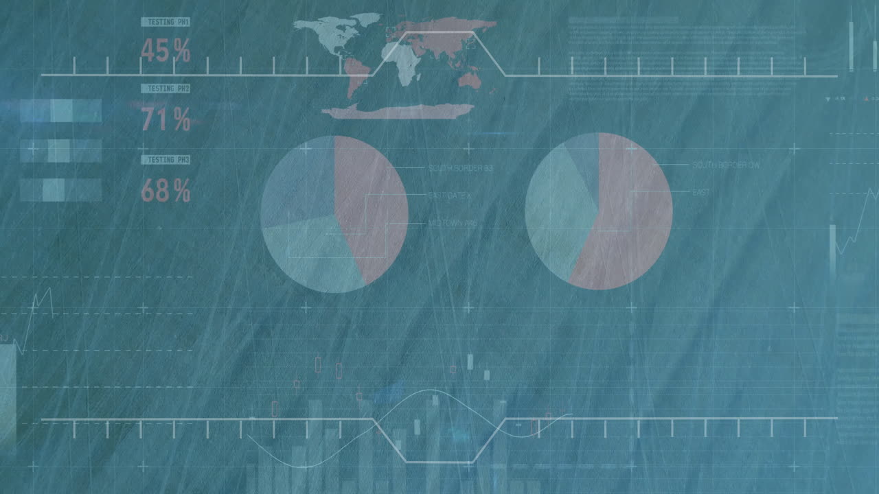 Animation of world map with pie charts on blue background for data visualization