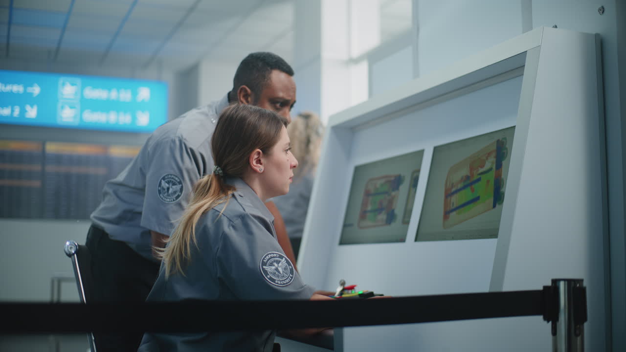 Airport Security Personnel Monitoring X-Ray Scanners