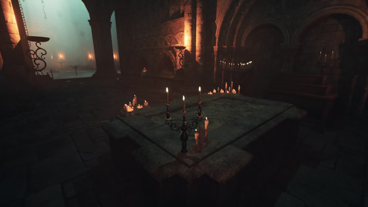 어고 끔찍한 교회 내부에는 불이 있습니다.