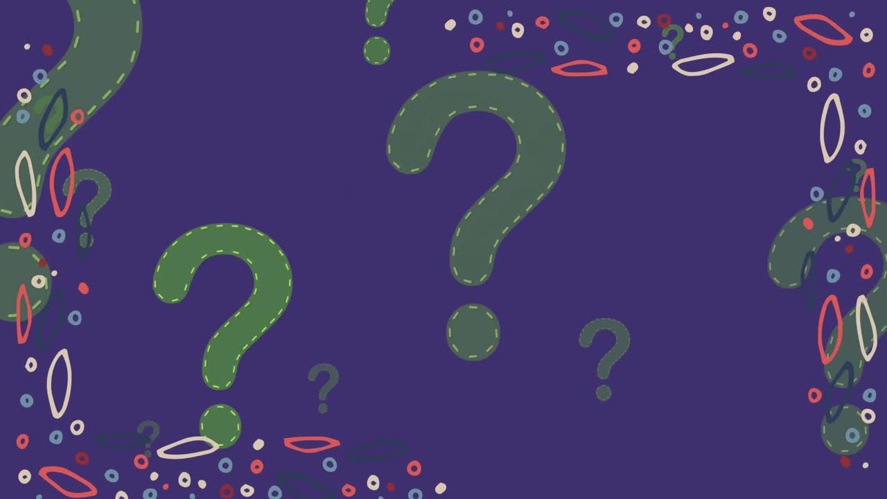 Animation of rising green question marks and colourful patterned frame on purple background