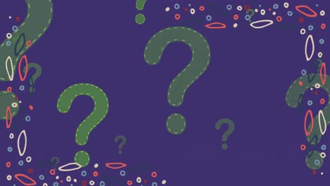 Animation-of-rising-green-question-marks-and-colourful-patterned-frame-on-purple-background