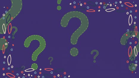 Animation of rising green question marks and colourful patterned frame on purple background