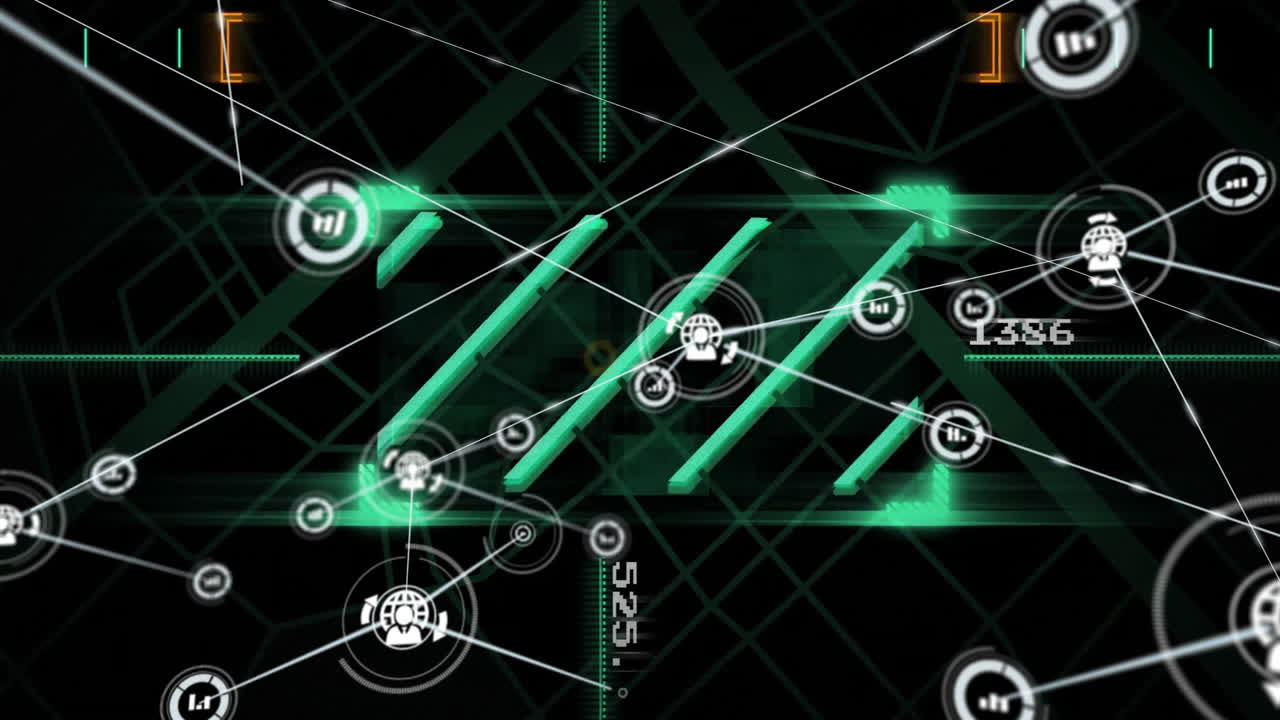 Animation of glowing green lines and symbols creating futuristic digital interface