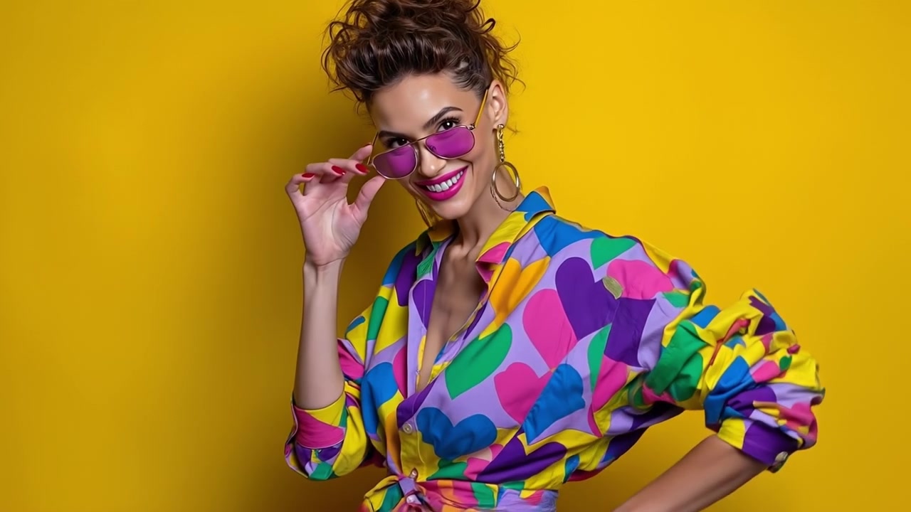 Giovane donna allegra che indossa una camicia a fantasia vivace e occhiali da sole rosa, che ride su uno sfondo giallo brillante.