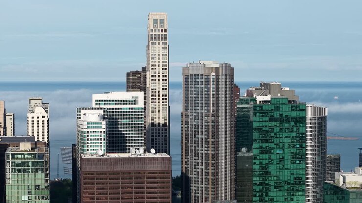 Foto de drone do centro de Chicago, torres de condomínios com o Lago Michigan ao fundo, Illinois, EUA