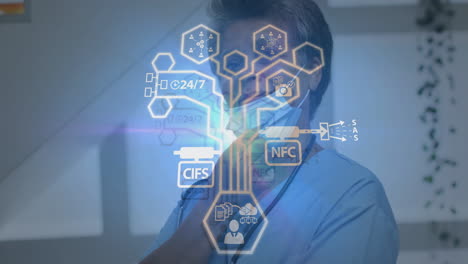 in hospital, animation of healthcare technology icons overlaying medical professional