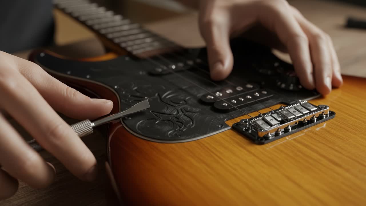 A Skilled Craftsman Carefully Adjusts the Bridge of a Beautifully Crafted Electric Guitar, Demonstrating Precision and Expertise in Musical Instrument Maintenance