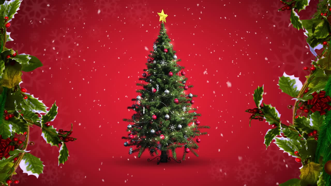 анимация падения нескольких снежинки и рождественской елки с ветвями на красном фоне