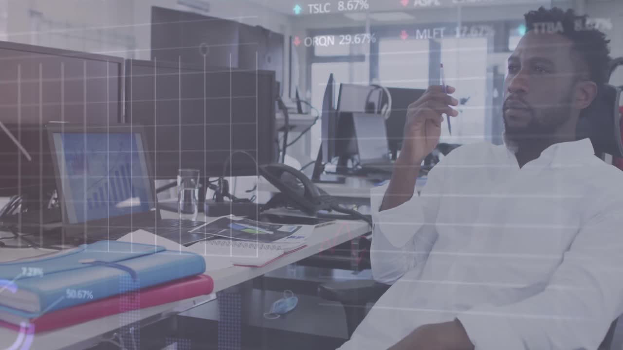 Animation of digital interface showing statistics with man working in an office