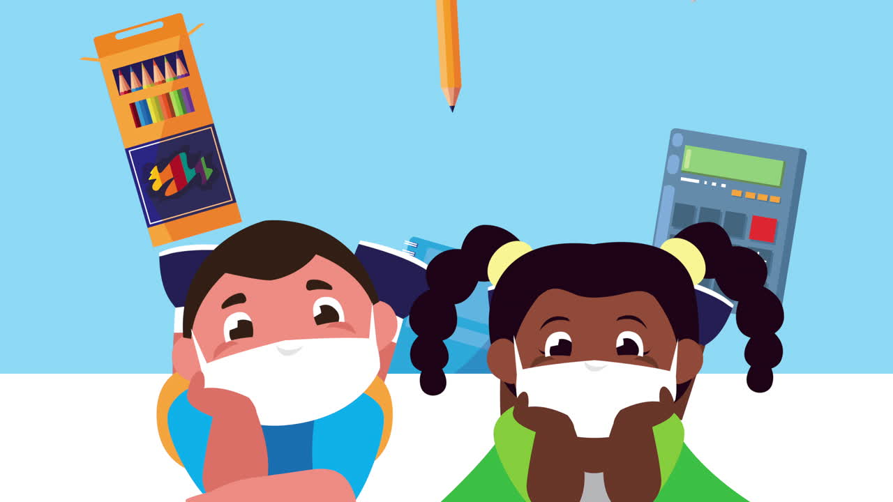 물품과 함께 의료 마스크를 착용하는 어린 학생들