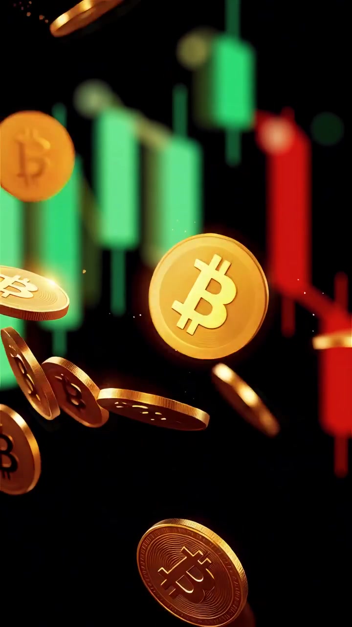 Moedas de Bitcoin douradas com fundo de gráfico de velas desfocado 4K