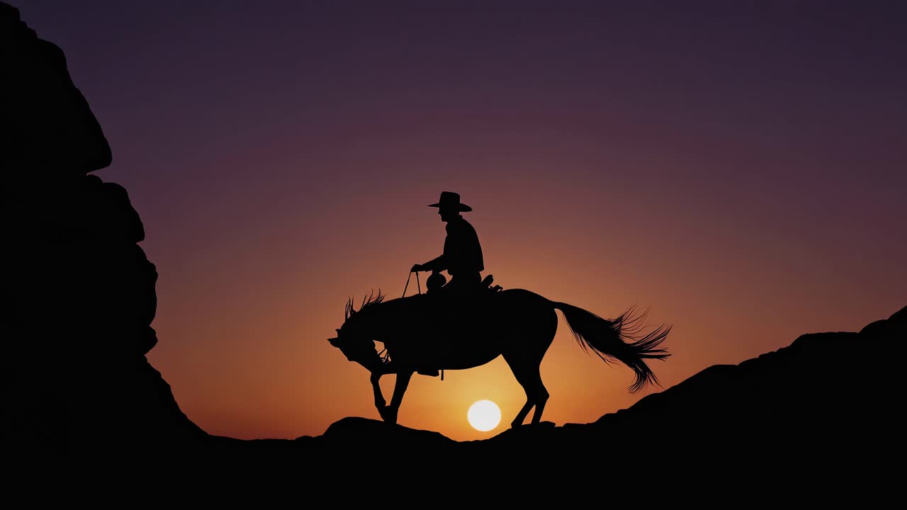 un vaquero montando un caballo al atardecer.
